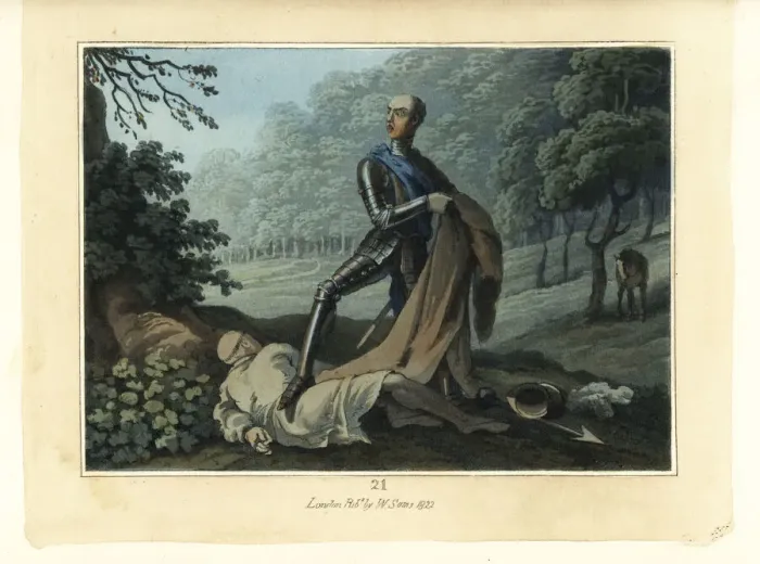 Framed Print : Medieval knight in armour with murdered monk Framed Print : Medieval knight in armour with murdered monk