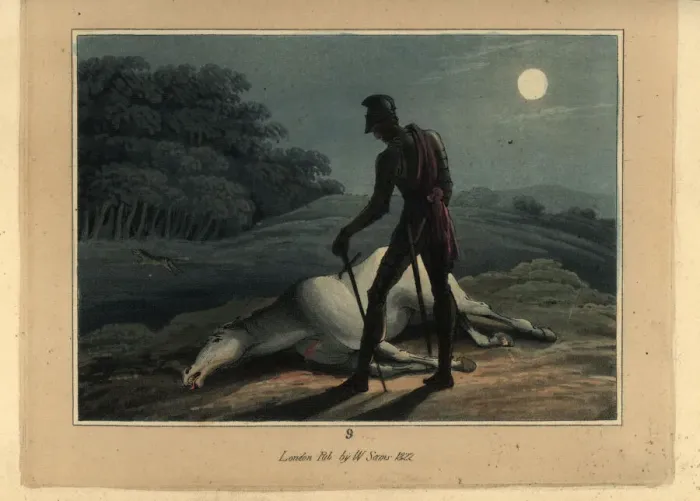 Framed Print : Medieval knight in armour standing over his slain horse Framed Print : Medieval knight in armour standing over his slain horse