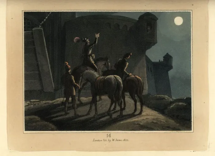 Framed Print : Medieval knight in armour with troops outside a castle Framed Print : Medieval knight in armour with troops outside a castle