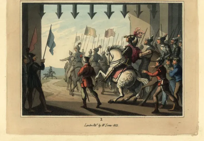 Framed Print : Medieval knights in armour on horseback under a portcullis Framed Print : Medieval knights in armour on horseback under a portcullis