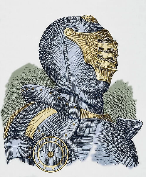 Medieval Knight's helmet with visor. Engraving