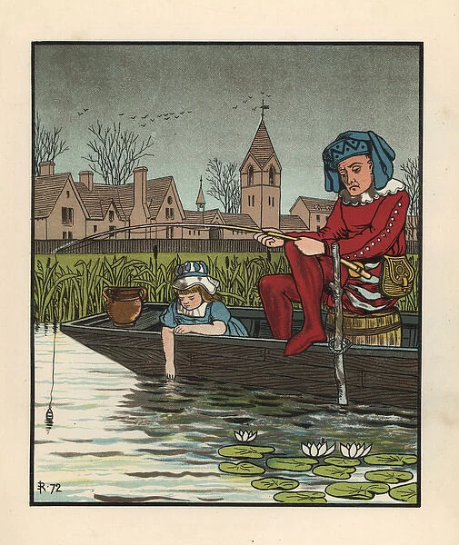 Medieval man fishing from a boat in a waterlily pond