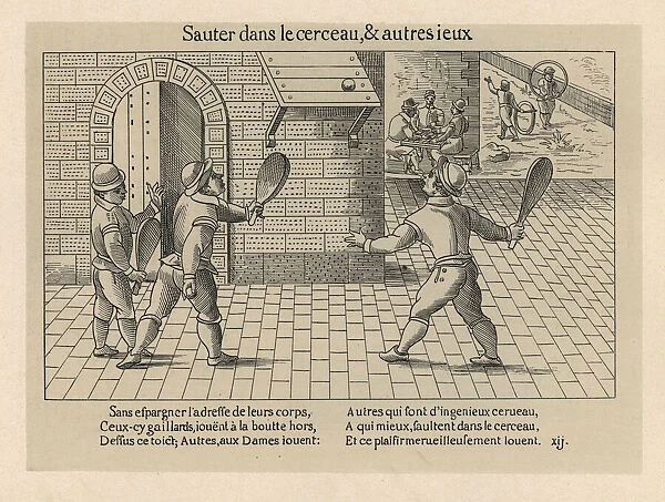 Medieval men playing wall tennis, checkers and hoops