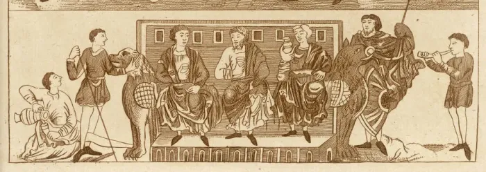 Framed Print : Medieval people feasting