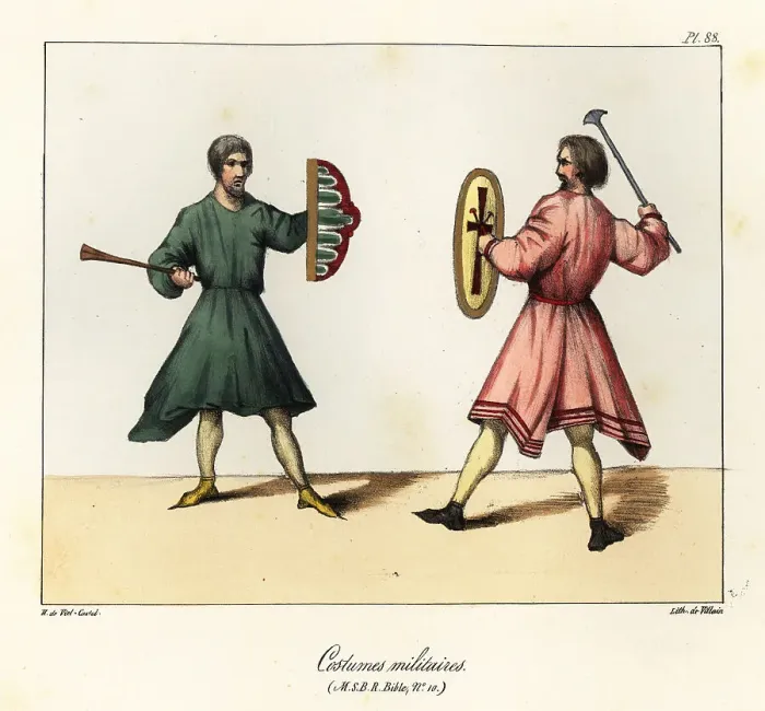 Framed Print : Medieval soldiers with axe and shield, tunic and shoes Framed Print : Medieval soldiers with axe and shield, tunic and shoes