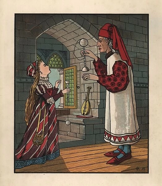 Medieval tutor teaching young woman how to play cup and ball