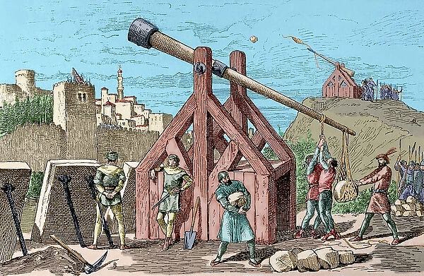 Medieval war machine. Catapult. Parabolic motion machine