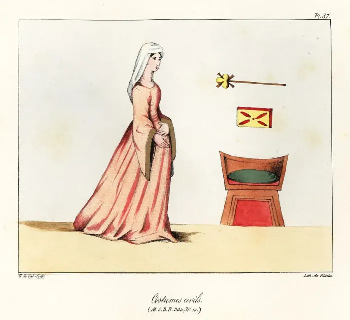Framed Print : Medieval woman in veil and long-sleeved dress, with chair Framed Print : Medieval woman in veil and long-sleeved dress, with chair