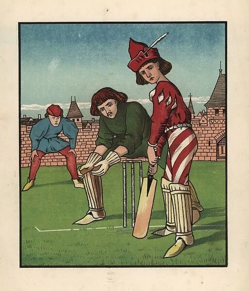 Medieval youth at bat in a game of cricket on a green