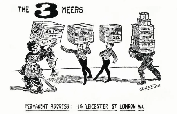 Framed Print : The Three Meers, Permanent Address: 14 Leicester Street, London - new tricks for 1910 Framed Print : The Three Meers, Permanent Address: 14 Leicester Street, London - new tricks for 1910
