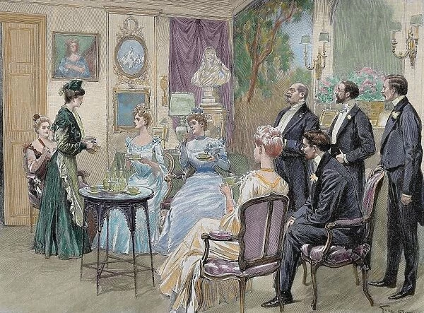 Meeting of aristocratic families in the living room. Colored