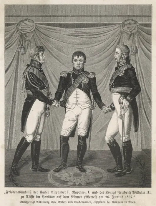 Framed Print : Meeting of three leaders at Tilsit, Napoleonic Wars Framed Print : Meeting of three leaders at Tilsit, Napoleonic Wars