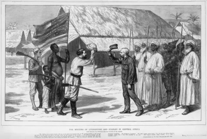 Framed Print : The Meeting of Stanley and Livingstone in Tanganyika, 1871 Framed Print : The Meeting of Stanley and Livingstone in Tanganyika, 1871
