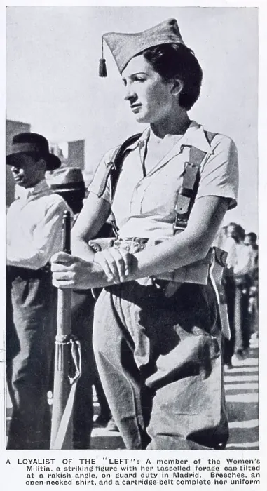 Framed Print : A member of the Republican Women's Militia, on guard duty in Madrid, at the beginning of the Spanish Civil War 1936. Date: 1936 Framed Print : A member of the Republican Women's Militia, on guard duty in Madrid, at the beginning of the Spanish Civil War 1936. Date: 1936
