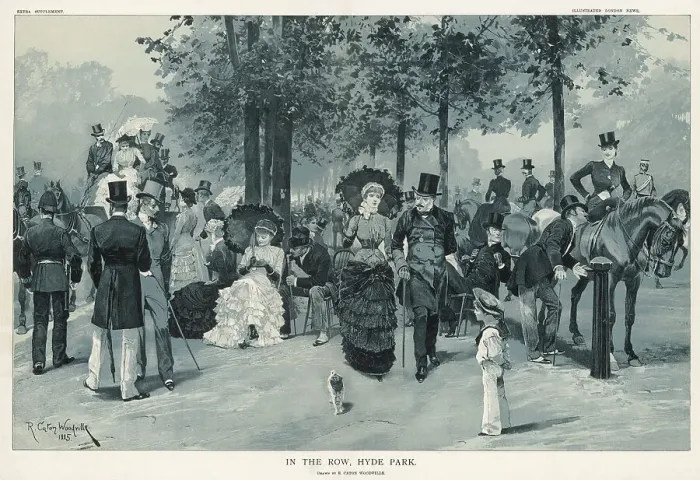 Framed Print : Members of London society socialising in Rotten Row, Hyde Park, in London. Date: 1885 Framed Print : Members of London society socialising in Rotten Row, Hyde Park, in London. Date: 1885