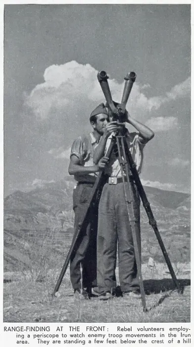 Framed Print : Two members of the Nationalist army using a rangefinder periscope to observe Republican troop movements; Spanish Civil War. Date: 1936 Framed Print : Two members of the Nationalist army using a rangefinder periscope to observe Republican troop movements; Spanish Civil War. Date: 1936