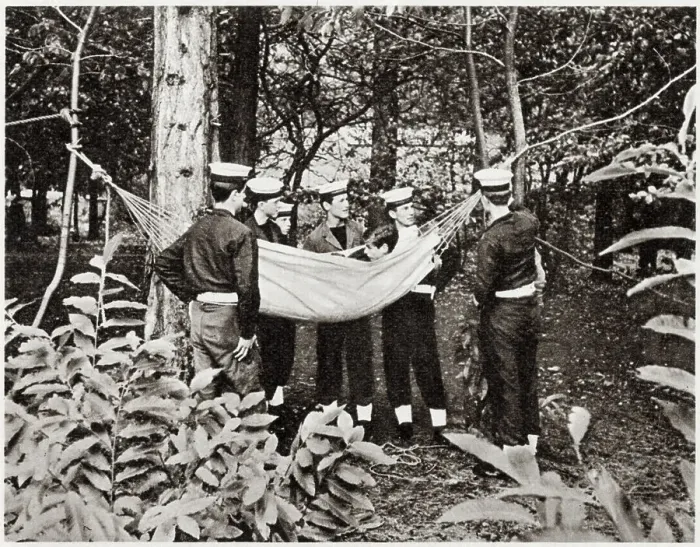 Framed Print : Members of the Naval section of Wellington College's cadet force learning how to sling a hammock in contrasting surroundings. Date: 1959 Framed Print : Members of the Naval section of Wellington College's cadet force learning how to sling a hammock in contrasting surroundings. Date: 1959