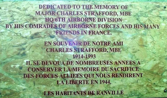Framed Print : Memorial to Major Charles Strafford MBE, Ranville Framed Print : Memorial to Major Charles Strafford MBE, Ranville