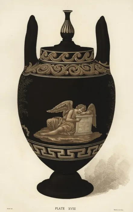 Framed Print : Memorial vase in basalt with angel weeping over a tomb Framed Print : Memorial vase in basalt with angel weeping over a tomb