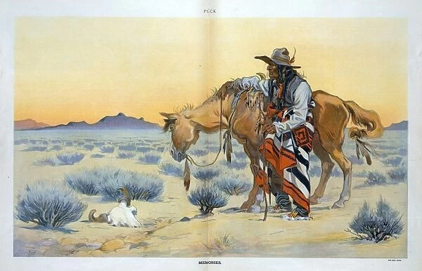 Memories. Illustration shows an elderly Native man standing with his horse