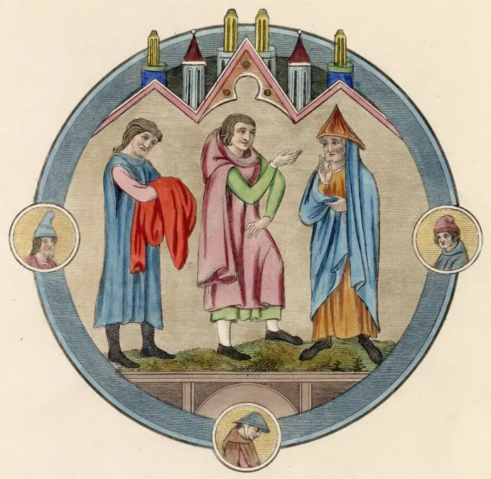 Framed Print : Three men, one in an ankle=length gown, the others in shorter garments Date Framed Print : Three men, one in an ankle=length gown, the others in shorter garments Date