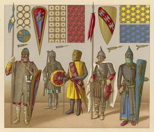 Men in Armour. Men in armour, shields, banners ; with details of chain-mail