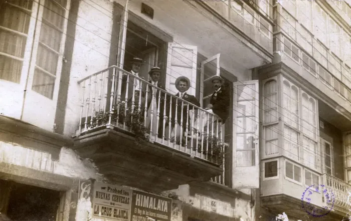 Framed Print : Four men on a balcony in Ferrol, Galicia, Spain Framed Print : Four men on a balcony in Ferrol, Galicia, Spain