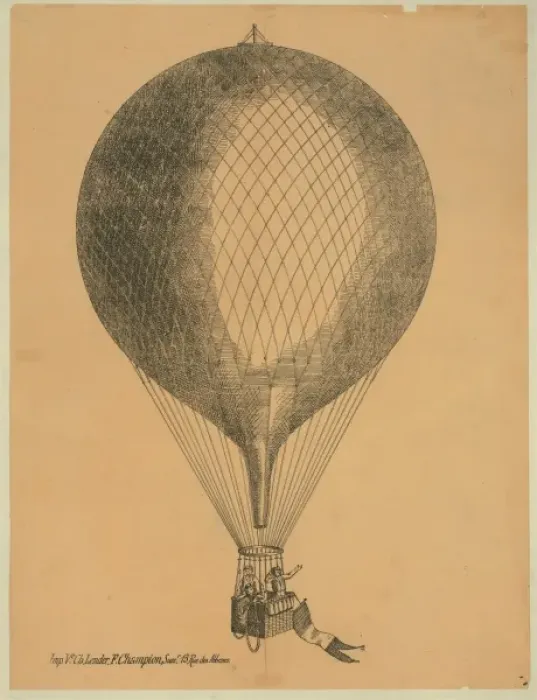 Framed Print : Three men in basket of ascending balloon with flag attached Framed Print : Three men in basket of ascending balloon with flag attached