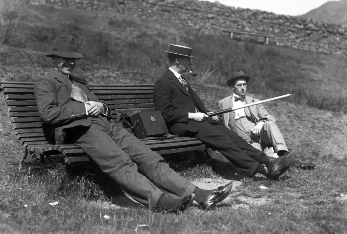 Framed Print : Three men on a bench in the countryside Framed Print : Three men on a bench in the countryside