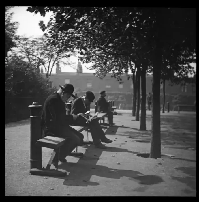 Framed Print : Men on benches in a London park Framed Print : Men on benches in a London park