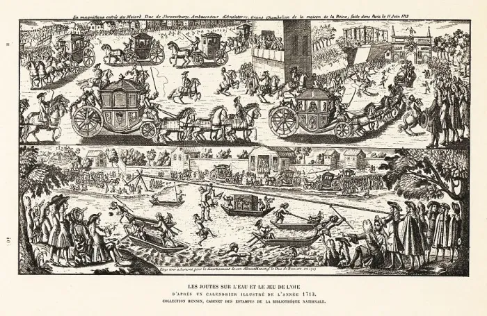 Framed Print : Men in boats try to capture a goose hanging from a rope, 1713 Framed Print : Men in boats try to capture a goose hanging from a rope, 1713