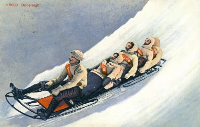 Framed Print : Five men on a bobsleigh, Switzerland Framed Print : Five men on a bobsleigh, Switzerland