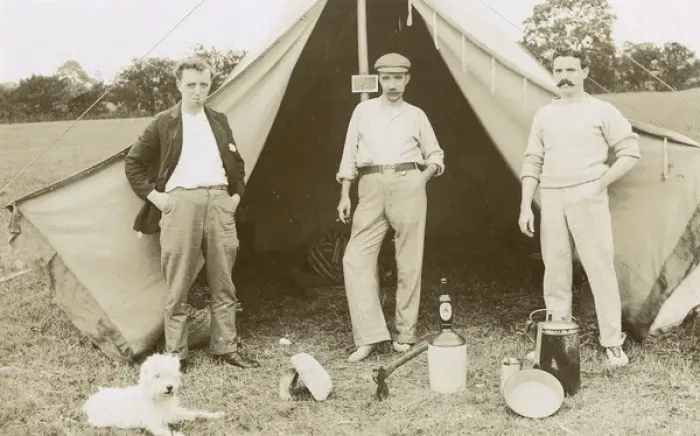 Framed Print : Three men camping with a dog Framed Print : Three men camping with a dog