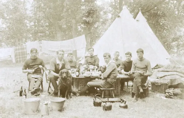 Framed Print : Men camping with a dog Framed Print : Men camping with a dog