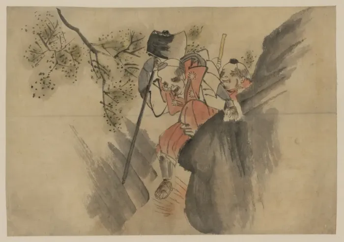 Framed Print : Two men, one carrying a large axe, walking along a narrow mo Framed Print : Two men, one carrying a large axe, walking along a narrow mo