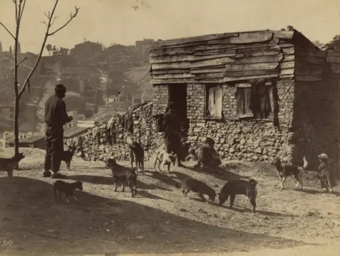 Framed Print : Men, children, and dogs in front of a building, probably in Framed Print : Men, children, and dogs in front of a building, probably in