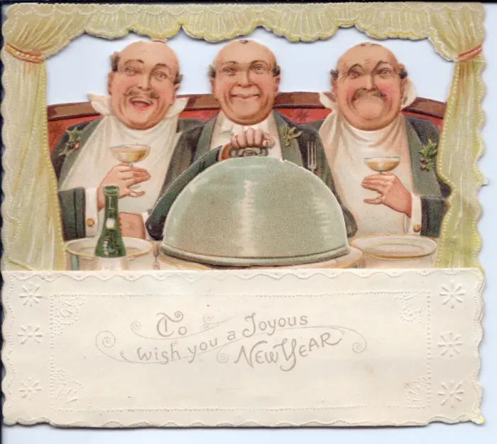 Framed Print : Three men on a cutout New Year card Framed Print : Three men on a cutout New Year card