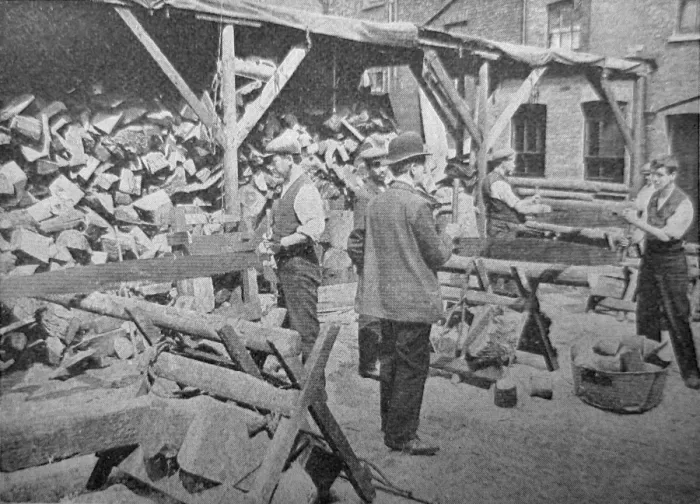 Framed Print : Men Cutting Wood at a Church Army Relief Depot Framed Print : Men Cutting Wood at a Church Army Relief Depot