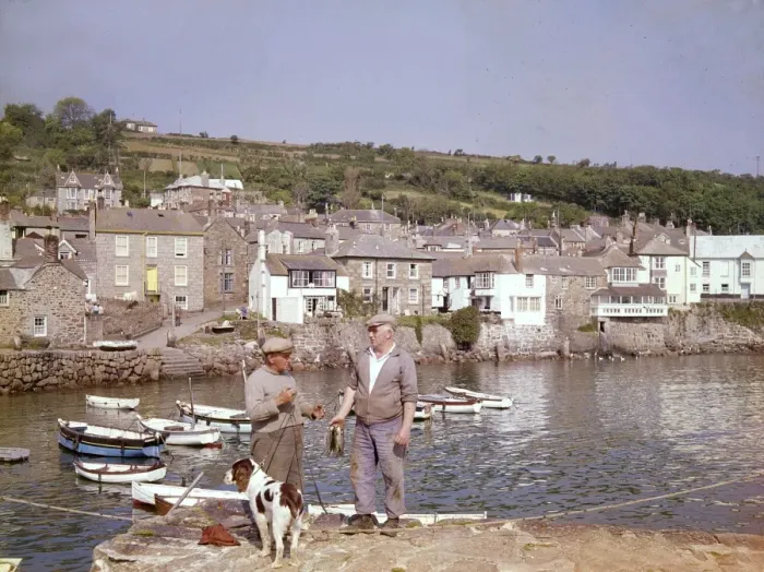 Framed Print : Men, dog and boats at Mousehole, Cornwall Framed Print : Men, dog and boats at Mousehole, Cornwall