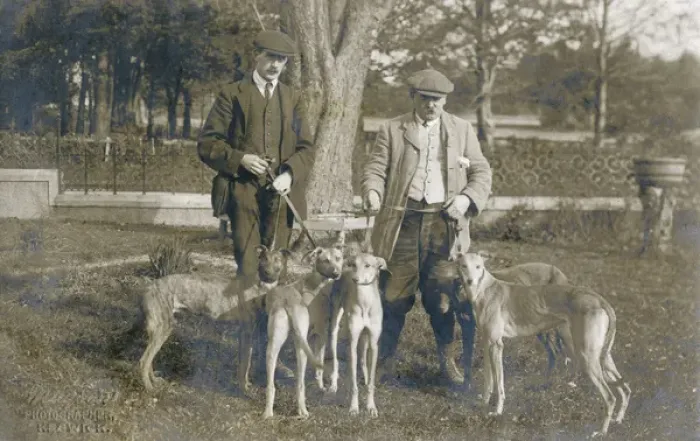 Framed Print : Two men with five dogs in a garden Framed Print : Two men with five dogs in a garden