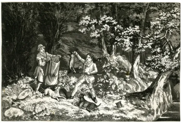 Framed Print : Two men with dogs, hunting badgers in a wood Framed Print : Two men with dogs, hunting badgers in a wood