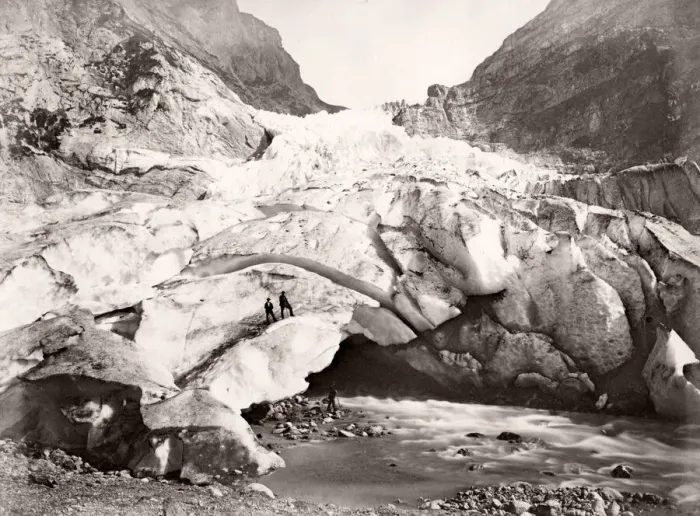 Framed Print : Two men on the face of a glacier, likely Switzerland Framed Print : Two men on the face of a glacier, likely Switzerland