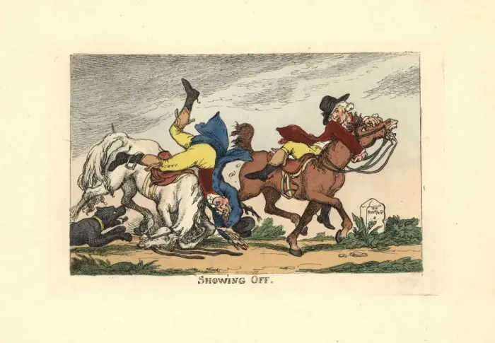 Framed Print : Two men falling off their horses after showing off Framed Print : Two men falling off their horses after showing off