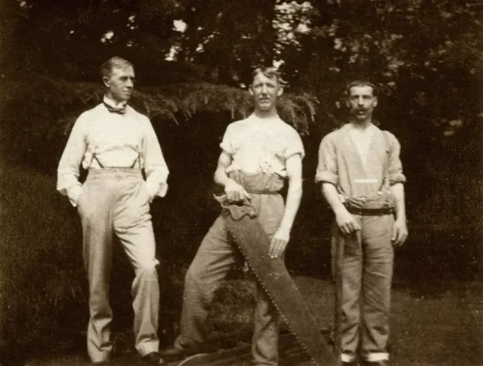 Framed Print : Three men in the gardens of Quex House, with saw Framed Print : Three men in the gardens of Quex House, with saw
