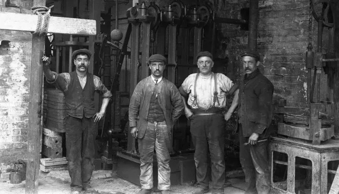 Framed Print : Four men in hat factory finishing room Framed Print : Four men in hat factory finishing room