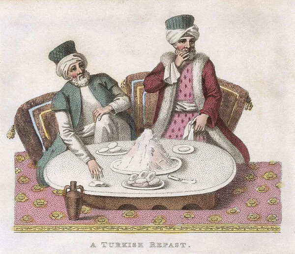 Two men having a Turkish breakfast of yogurt and buns