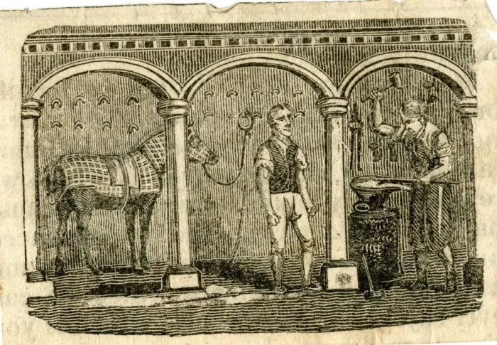 Framed Print : Two men and a horse in a blacksmiths forge Framed Print : Two men and a horse in a blacksmiths forge