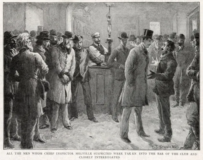 Framed Print : Men interrogated by Chief Inspector Melville Framed Print : Men interrogated by Chief Inspector Melville