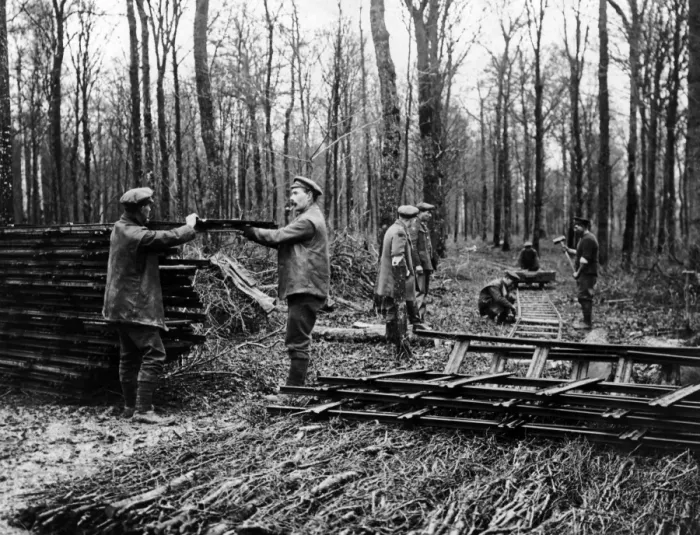 Framed Print : Men laying new light railway, Western Front, WW1 Framed Print : Men laying new light railway, Western Front, WW1