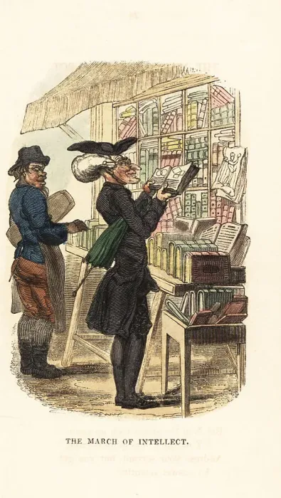 Framed Print : Men looking at books at a bookstall in Georgian London Framed Print : Men looking at books at a bookstall in Georgian London